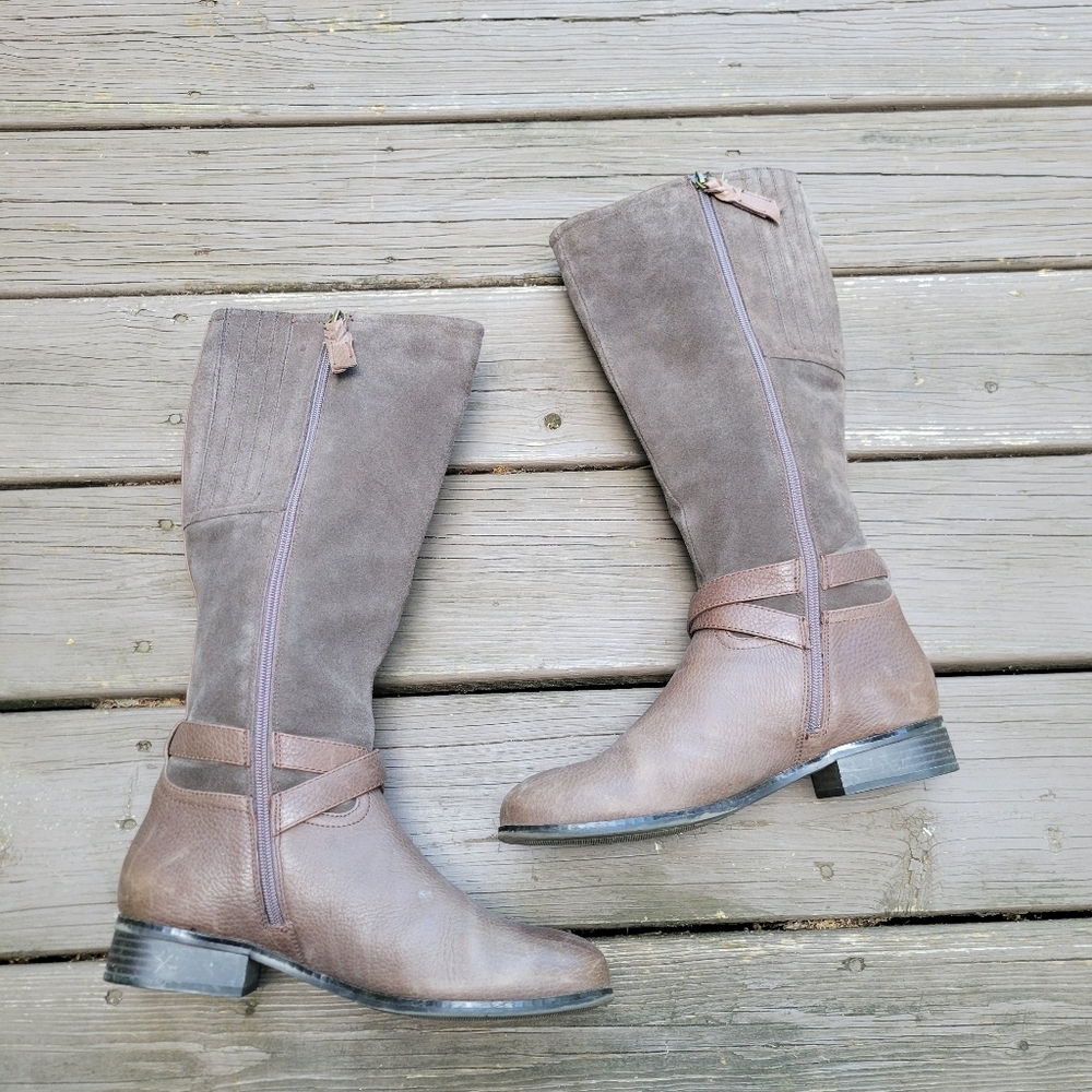 Vintage 90s y2k Brown Leather Suede Buckle Knee High Tall Equestrian Riding Boot - Picture 3 of 8
